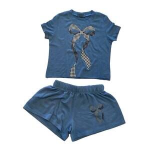 NEW FIREHOUSE girl's checkered bow short set in blue